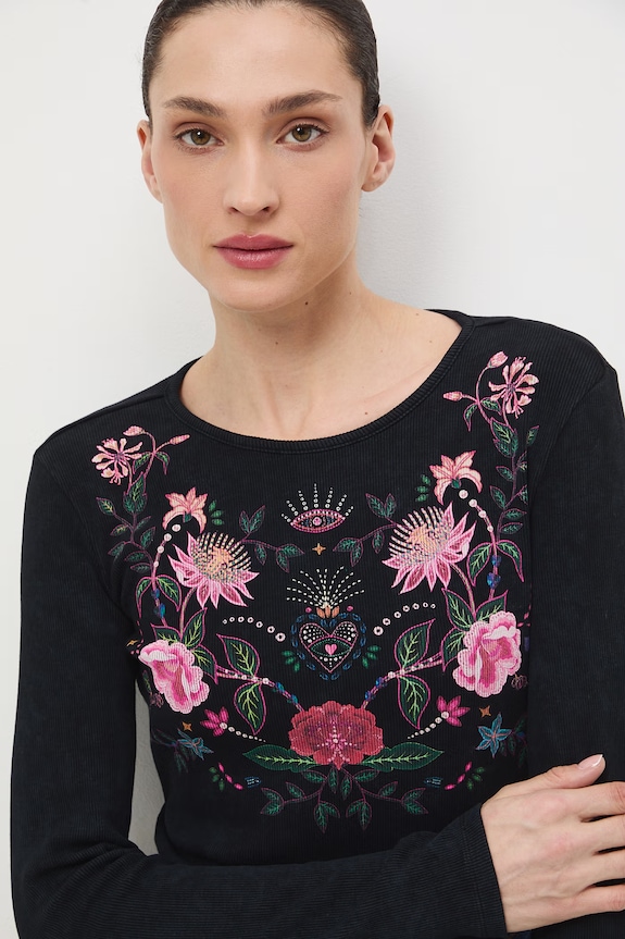 Longsleeve bawełniany damski z elastanem prążkowany RS26-BUD420 szary