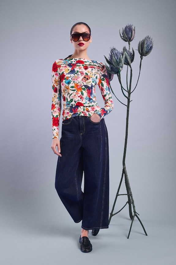 Longsleeve damski wzorzysty z elastanem beżowy RS26-BUD421