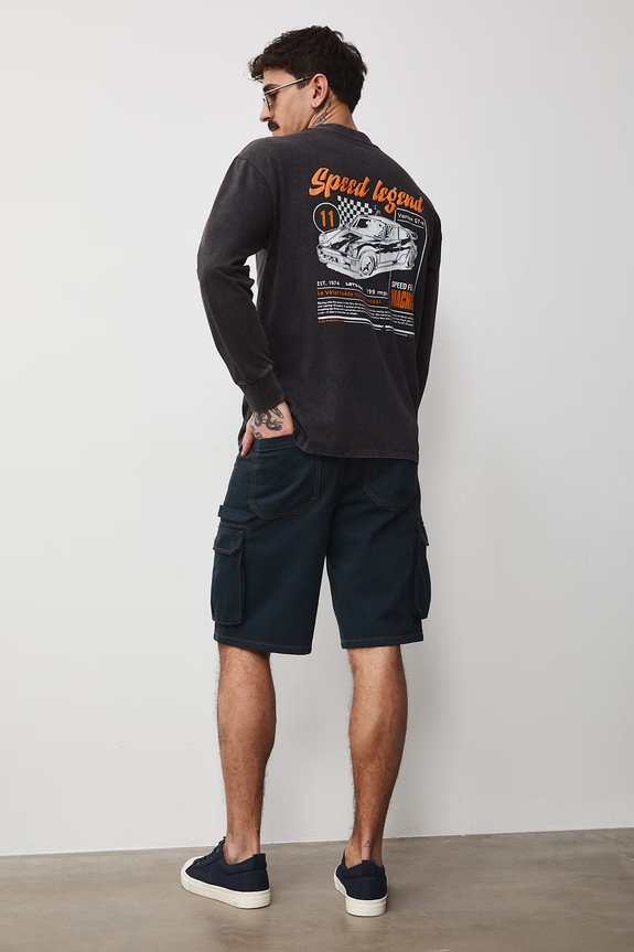 Longsleeve bawełniany męski z nadrukami okrągły czarny RS26-BUM401