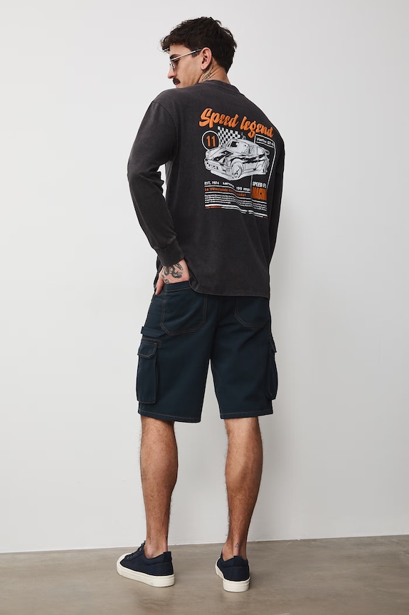 Longsleeve bawełniany męski z nadrukami okrągły czarny RS26-BUM401