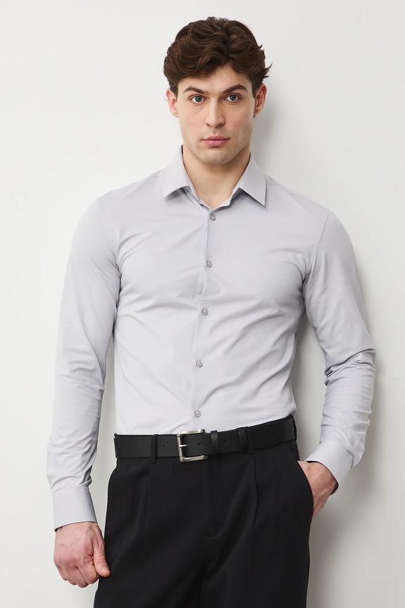 Košeľa s klasickým golier melanžová sivá RS26-KDM031