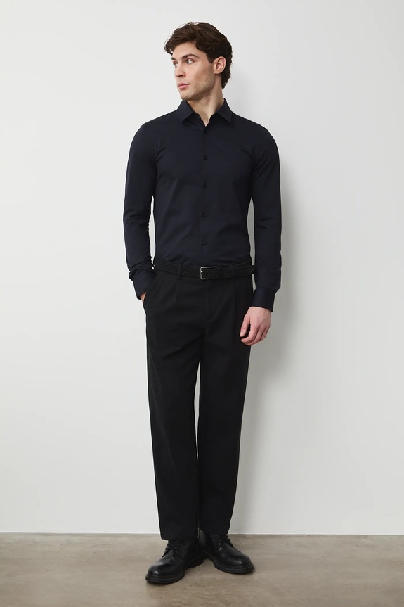 Košeľa s klasickým golier melanžová slim tmavomodrá RS26-KDM031