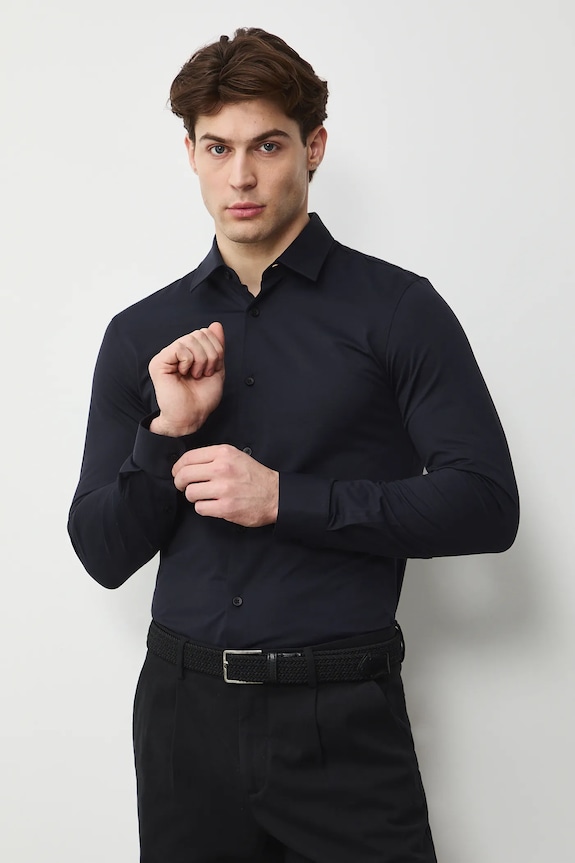 Košeľa s klasickým golier melanžová RS26-KDM031 tmavomodrá RS26