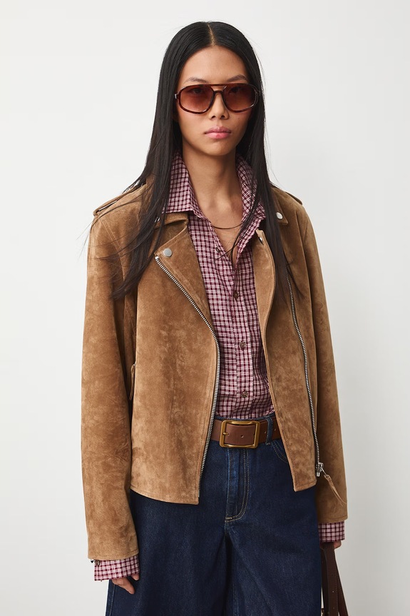 Kurtka zamszowa damska biker beżowy RS26-KUD302