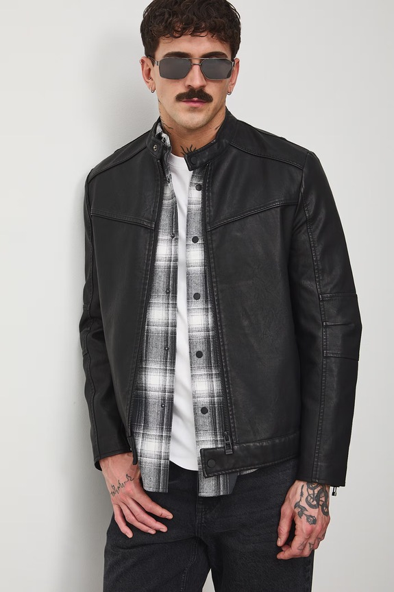 Motorkárska bunda z ekologickej kože bez kapucne čierna RS26-KUM410