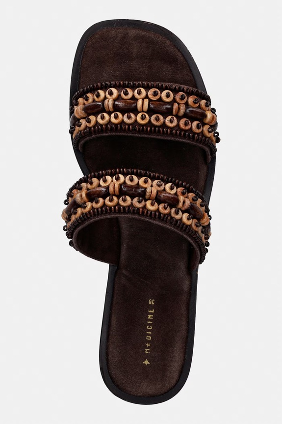 Klapki damskie bawełniane z koralikami brązowy RS26-OBD711