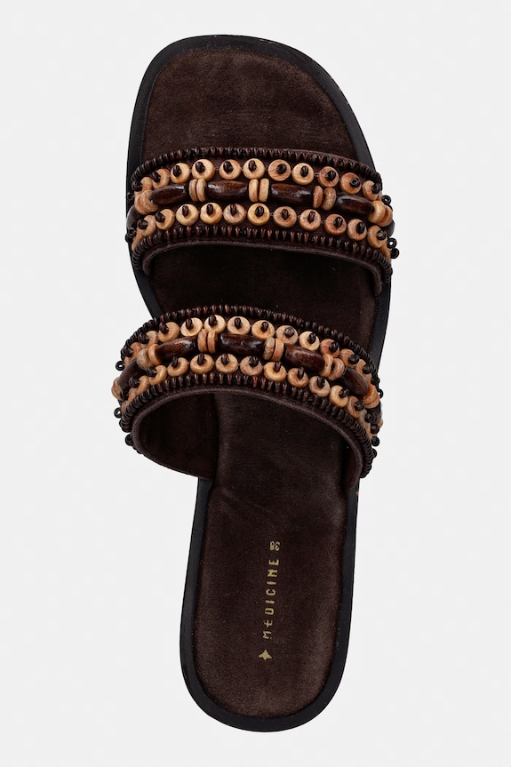 Klapki damskie bawełniane z koralikami brązowy RS26-OBD711