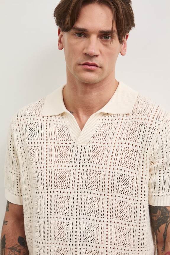 Polo swetrowe męskie ażurowe beżowy RS26-POM805