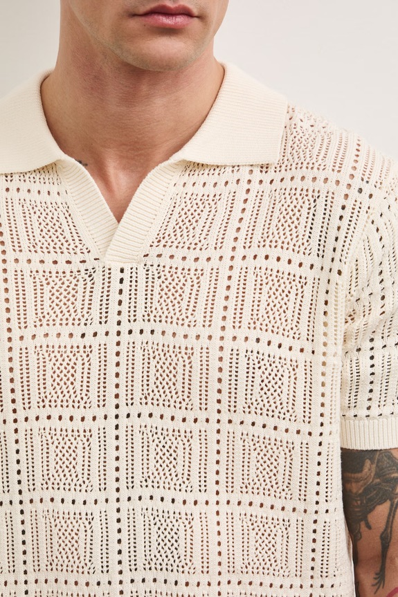 Polo swetrowe męskie ażurowe RS26-POM805 beżowy