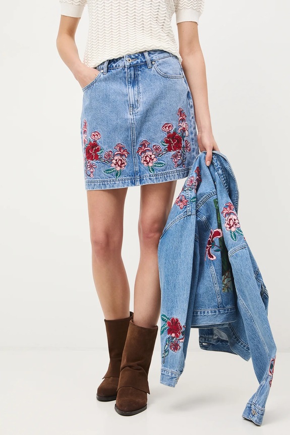 Spódnica jeansowa bawełniana damska mini z ozdobnym haftem RS26-SDD420 niebieski RS26