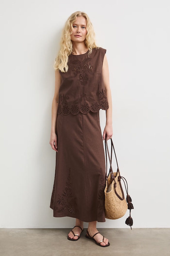 Sukňa áčkového strihu s ľanom s výšivkou hnedá RS26-SDD903
