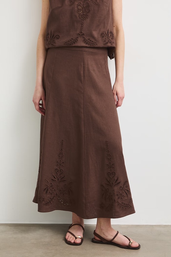Sukňa áčkového strihu s ľanom s výšivkou RS26-SDD903 hnedá RS26