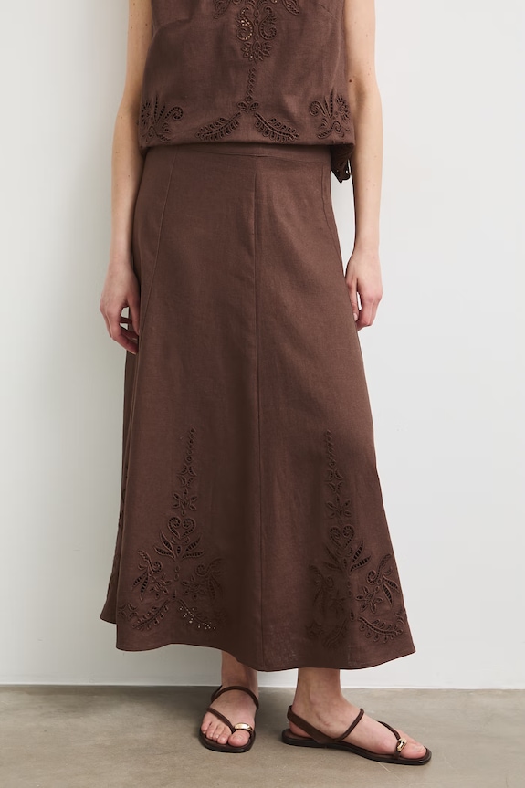 Sukňa áčkového strihu s ľanom s výšivkou RS26-SDD903 hnedá RS26