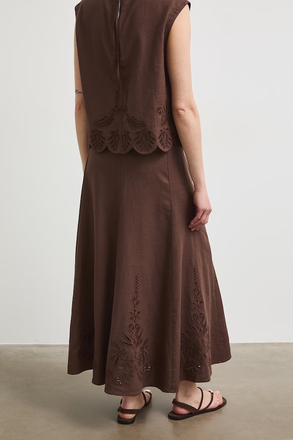 Oblečenie Sukňa áčkového strihu s ľanom s výšivkou RS26-SDD903 hnedá