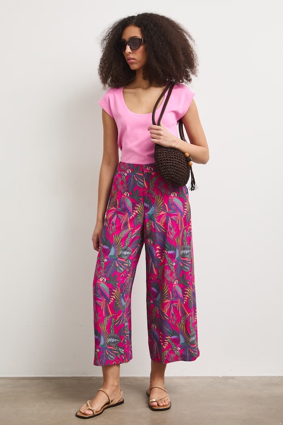 Spodnie culottes damskie z motywem roślinno-zwierzęcym różowy RS26-SPD090