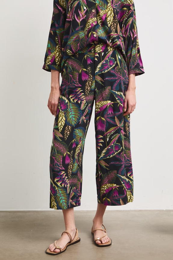Spodnie culottes damskie z motywem roślinnym RS26-SPD090 czarny RS26