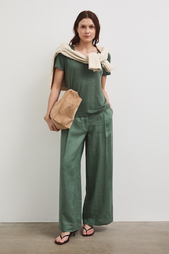 Medicine spodnie wide leg damskie lniane RS26-SPD700 zielony RS26