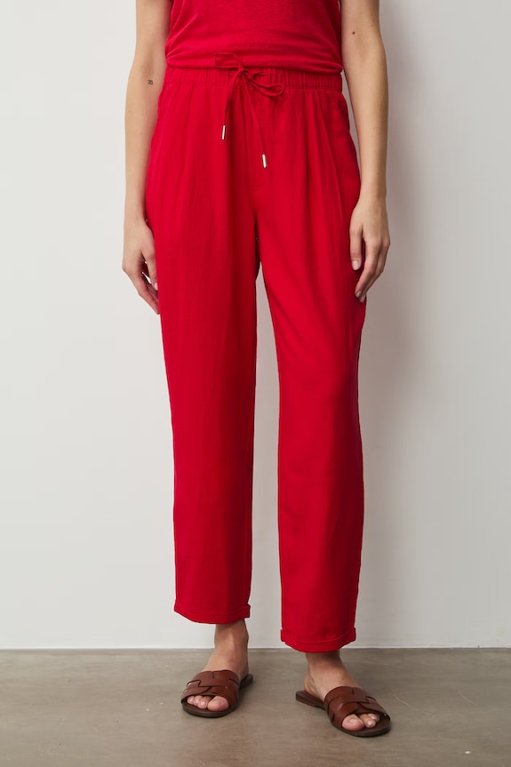Spodnie chinos damskie z lnem czerwony RS26-SPD702