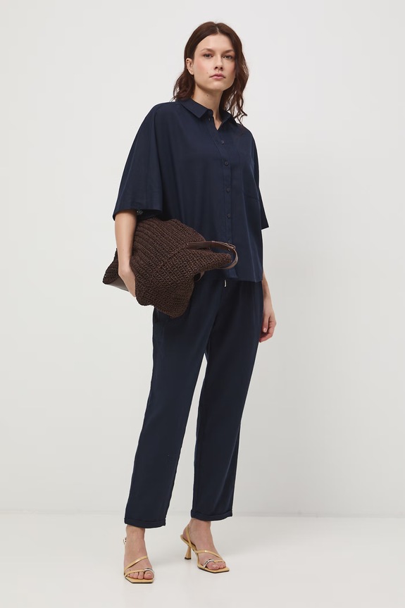 Spodnie chinos damskie z lnem granatowy RS26-SPD702
