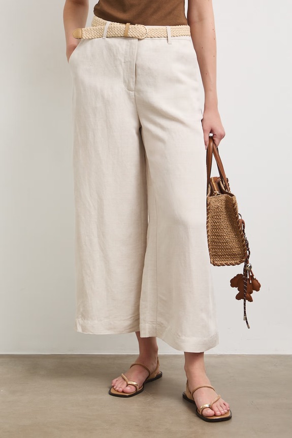 Spodnie culottes damskie z dodatkiem lnu beżowy RS26-SPD901