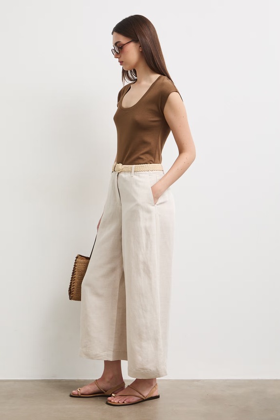 Spodnie culottes damskie z dodatkiem lnu RS26-SPD901 beżowy RS26