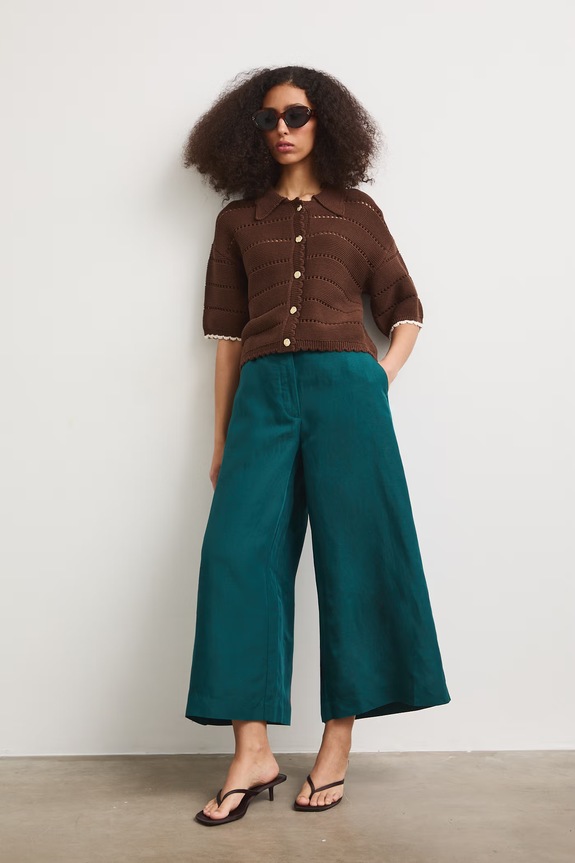 Spodnie culottes damskie z dodatkiem lnu gładkie turkusowy RS26-SPD901