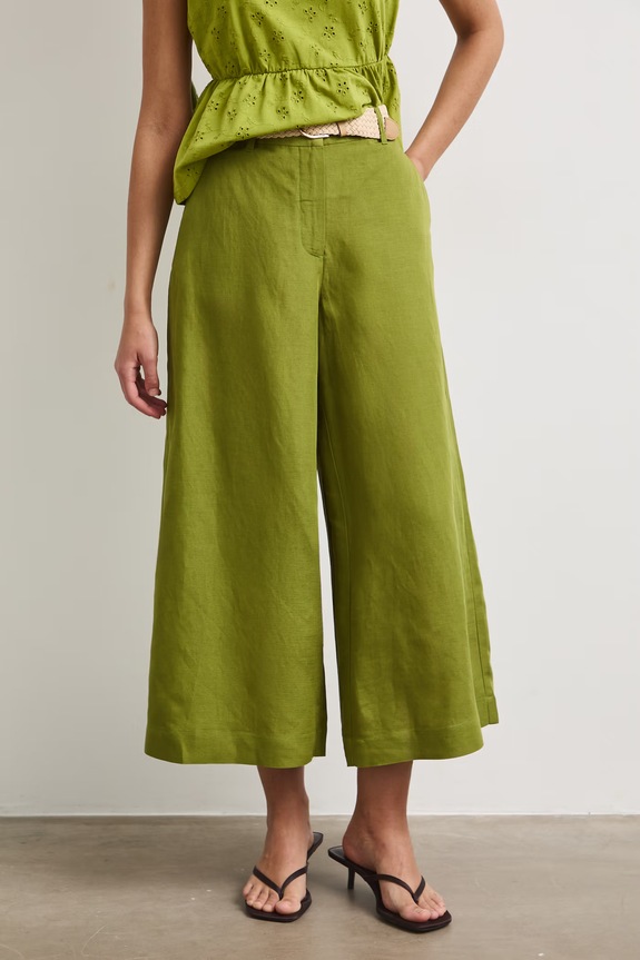 Spodnie culottes damskie z dodatkiem lnu gładkie RS26-SPD901 zielony RS26