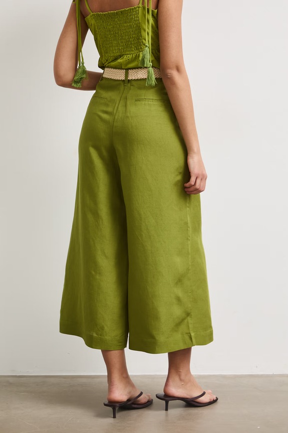 Odzież Spodnie culottes damskie z dodatkiem lnu gładkie RS26-SPD901 zielony