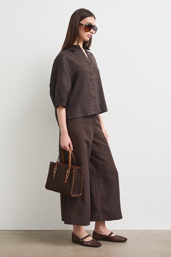 Spodnie culottes damskie z dodatkiem lnu gładkie RS26-SPD901 brązowy RS26