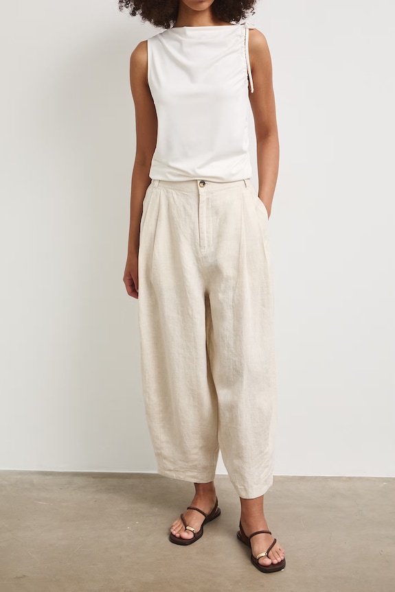 Spodnie slouchy damskie lniane beżowy RS26-SPDB00