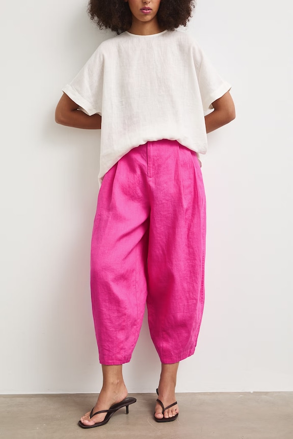 Spodnie slouchy damskie lniane RS26-SPDB00 różowy RS26