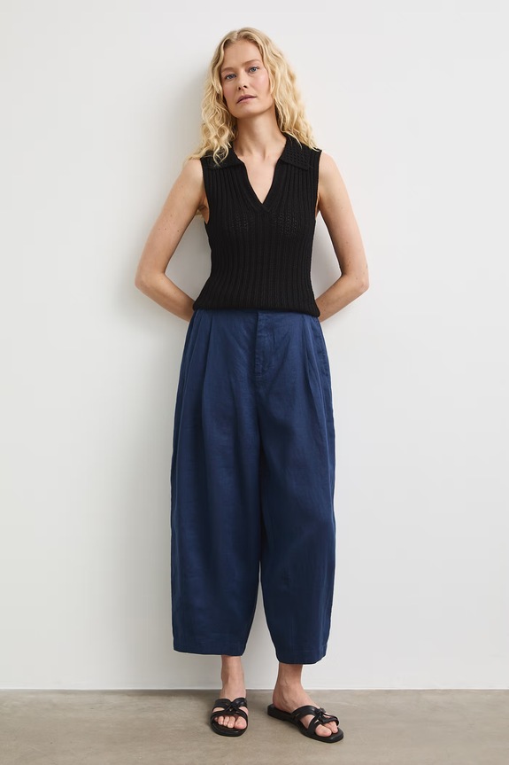 Spodnie slouchy damskie lniane RS26-SPDB00 granatowy RS26