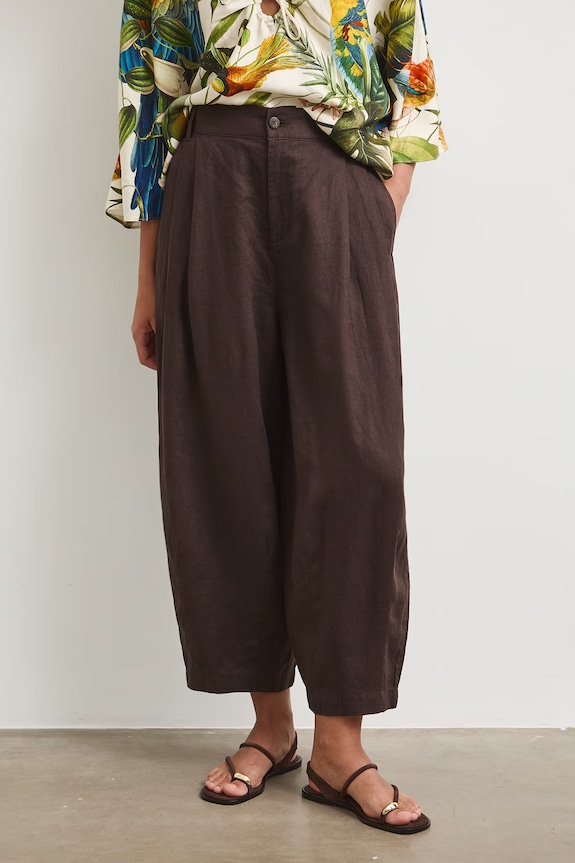 Spodnie slouchy damskie lniane brązowy RS26-SPDB00