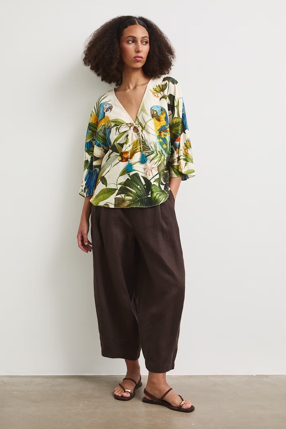 Spodnie slouchy damskie lniane RS26-SPDB00 brązowy RS26
