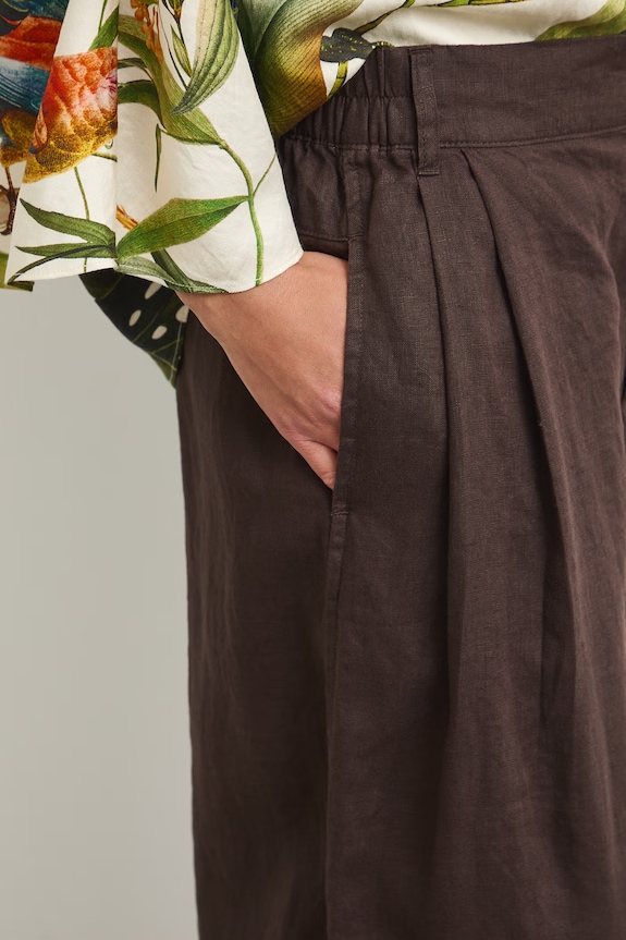 Spodnie slouchy damskie lniane brązowy RS26-SPDB00