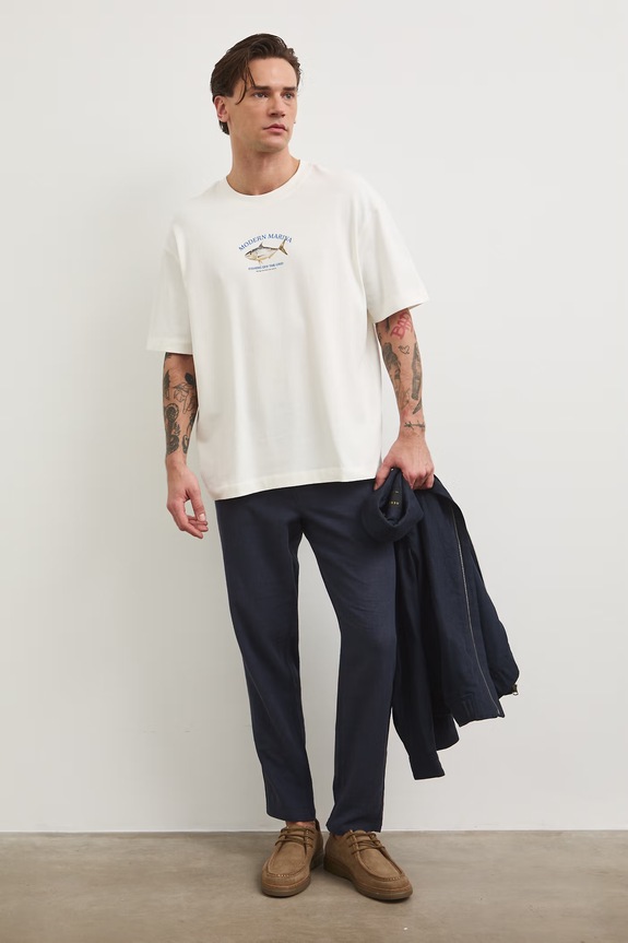 Spodnie chinos męskie z lnem RS26-SPM073 granatowy RS26