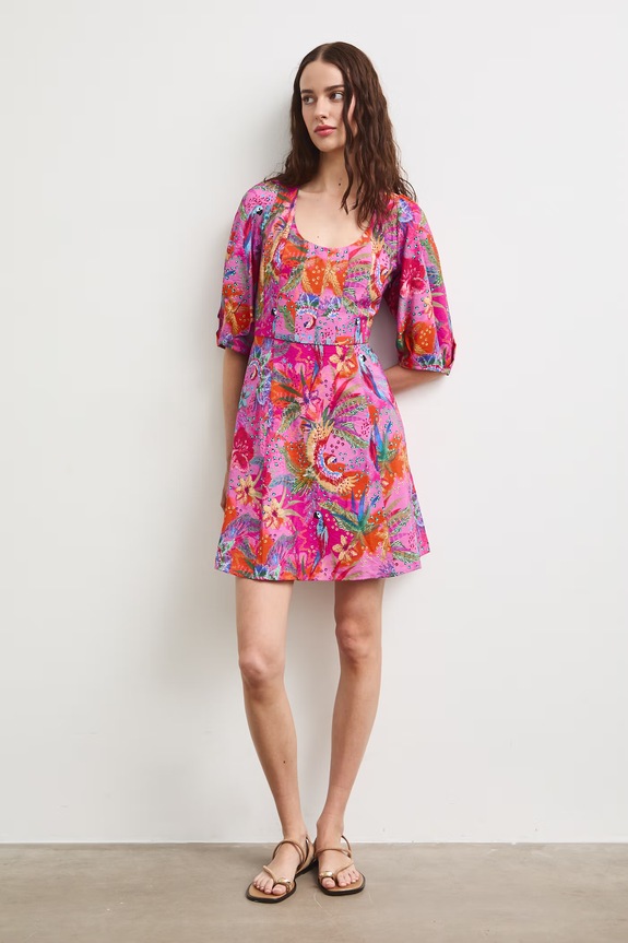 Sukienka rozkloszowana z wiskozą z motywem roślinnym RS26-SUD092 multicolor RS26