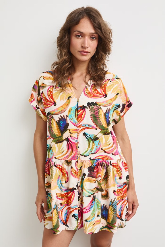 Sukienka rozkloszowana z wiskozy z falbaną RS26-SUDA04 multicolor RS26