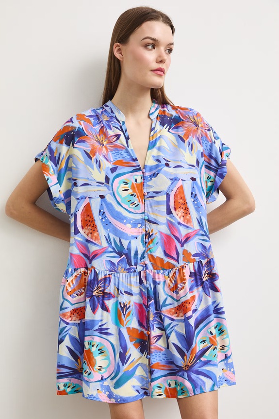 Sukienka rozkloszowana z wiskozy z falbaną RS26-SUDA04 multicolor RS26