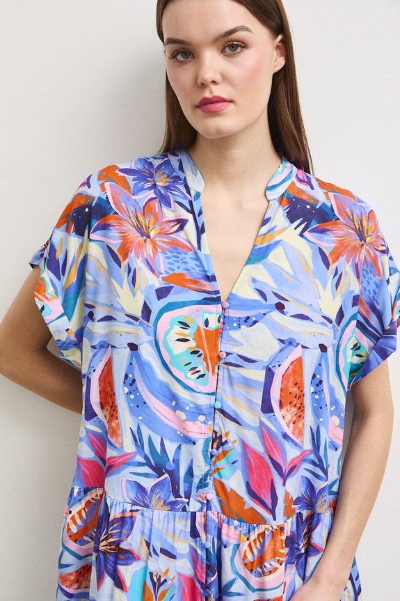 Sukienka rozkloszowana z wiskozy z falbaną multicolor RS26-SUDA04