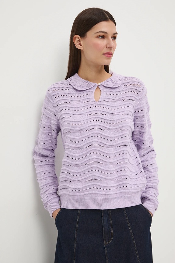 Sweter bawełniany damski ażurowy aplikacja fioletowy RS26-SWD282