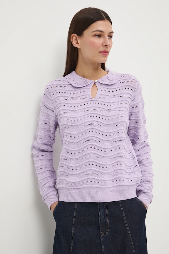 Sweter bawełniany damski ażurowy aplikacja fioletowy RS26-SWD282