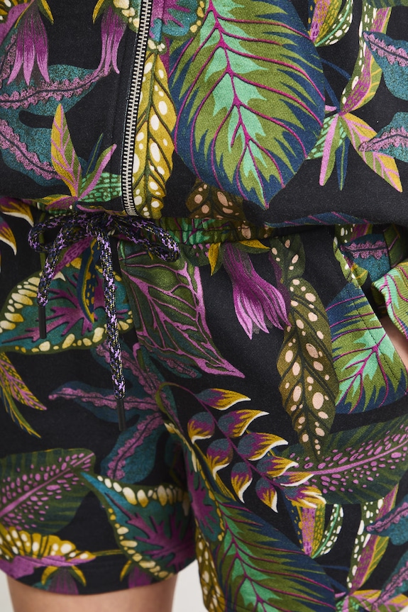Szorty dresowe damskie z motywem roślinnym czarny RS26-SZD091