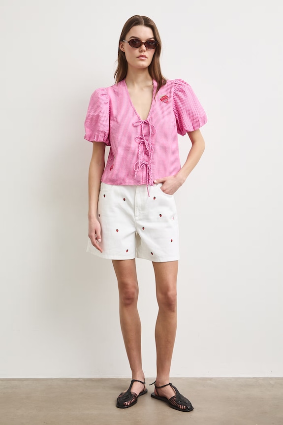 Szorty damskie bawełniane high waist z motywem owoców biały RS26-SZDA08