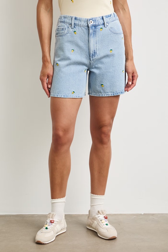 Szorty damskie bawełniane high waist z motywem owoców RS26-SZDA08 niebieski RS26