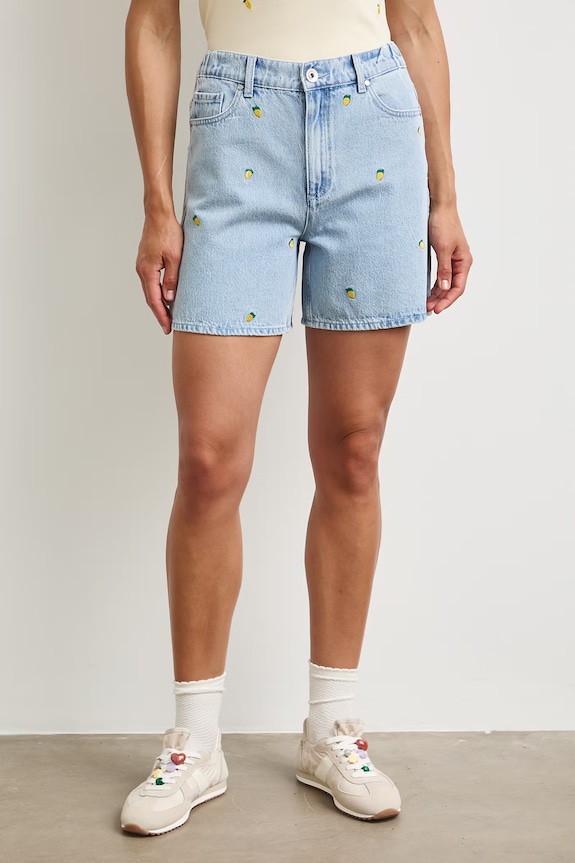 Szorty damskie bawełniane high waist z motywem owoców RS26-SZDA08 niebieski RS26