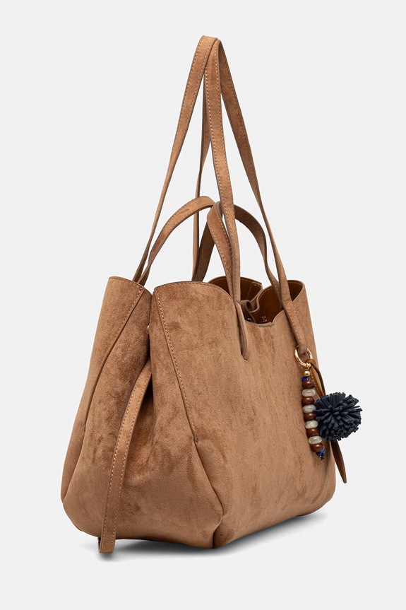 Akcesoria Shopperka damska z imitacji zamszu z brelokiem RS26-TOD803 brązowy