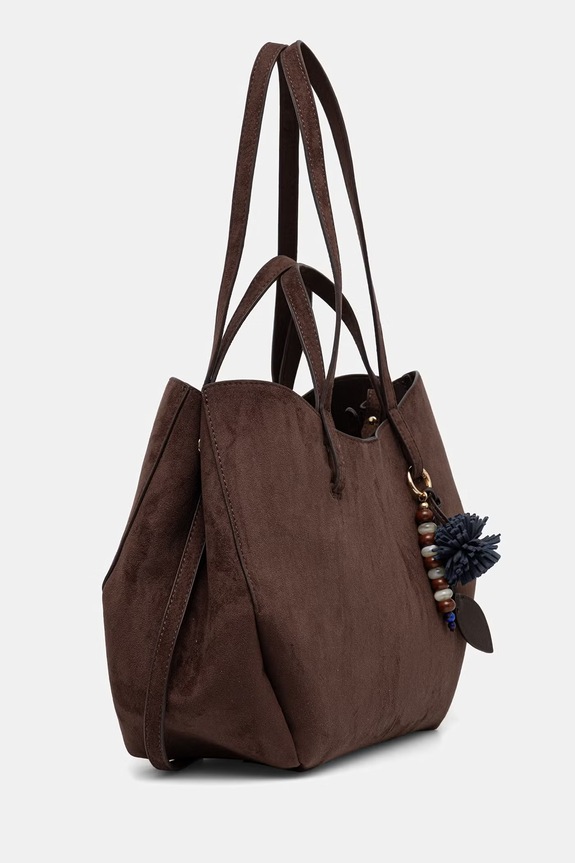 Akcesoria Shopperka damska z imitacji zamszu z brelokiem RS26-TOD803 brązowy