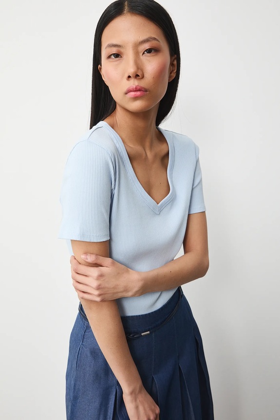 Bavlněné tričko dámské s elastanem a žebrováním RS26-TSD031 modrá RS26