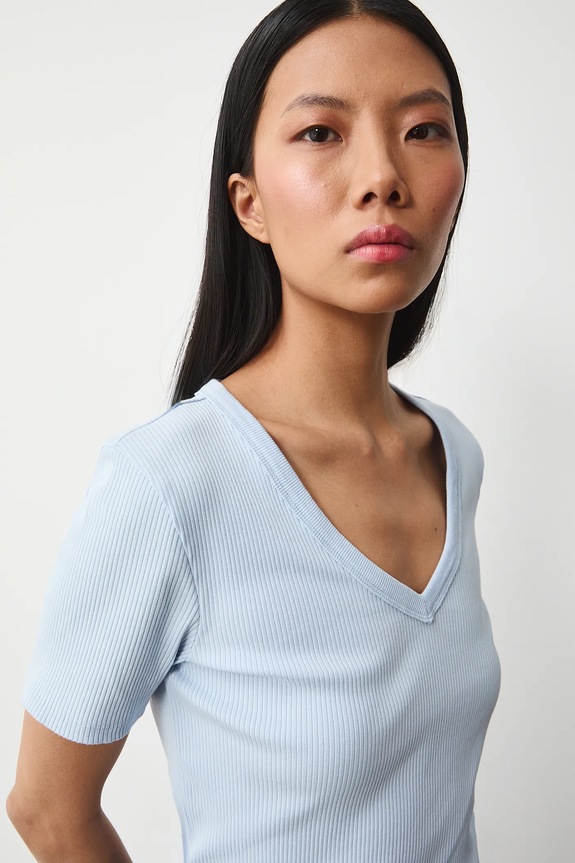 Bavlněné tričko dámské s elastanem a žebrováním modrá RS26-TSD031